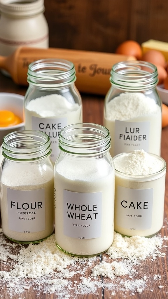Flour-Based Recipes Various types of flour in jars on a wooden table with baking ingredients.